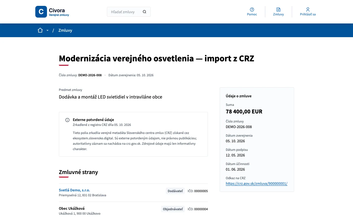 Detail zmluvy zrkadlenej z CRZ s údajmi o zmluve, zmluvnými stranami a odkazom na pôvodný záznam (ukážkové dáta)